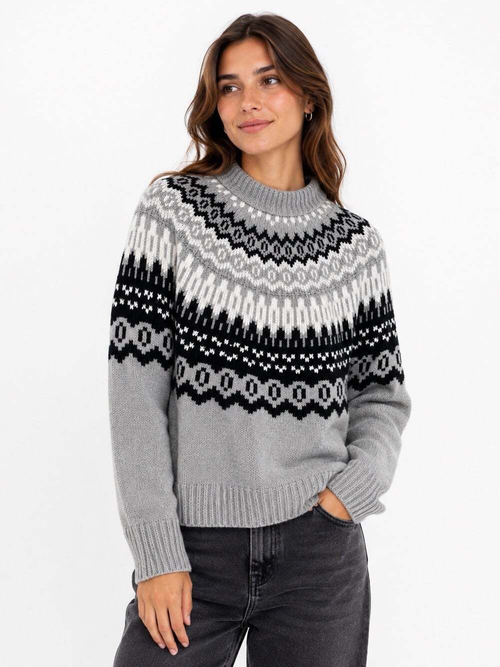 Universal Thread Fair Isle Mock Neck Sweater Gray Black Women’s Small Cozy